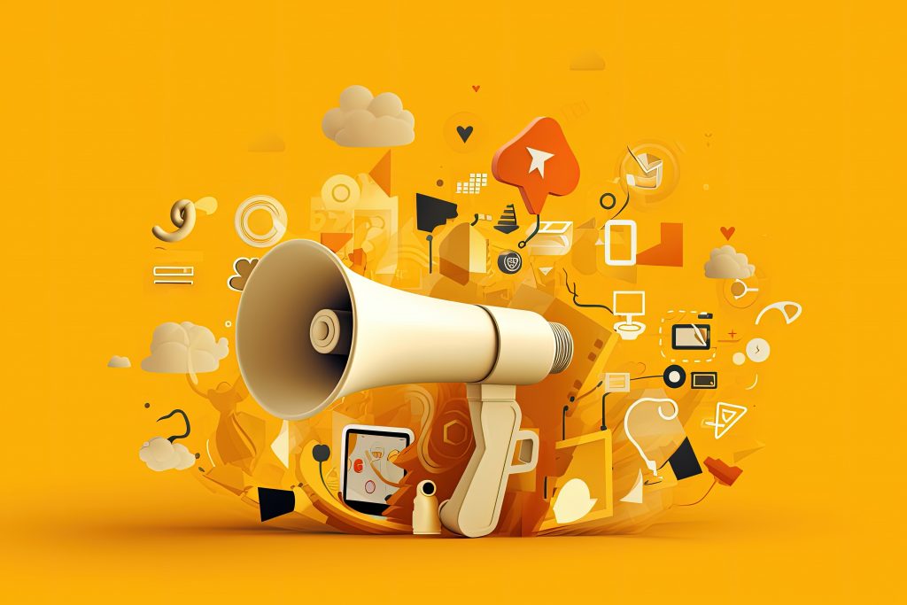 Megaphone surrounded by icons and symbols. Idea of ​​leveraging social media platforms, yellow background, Generative AI