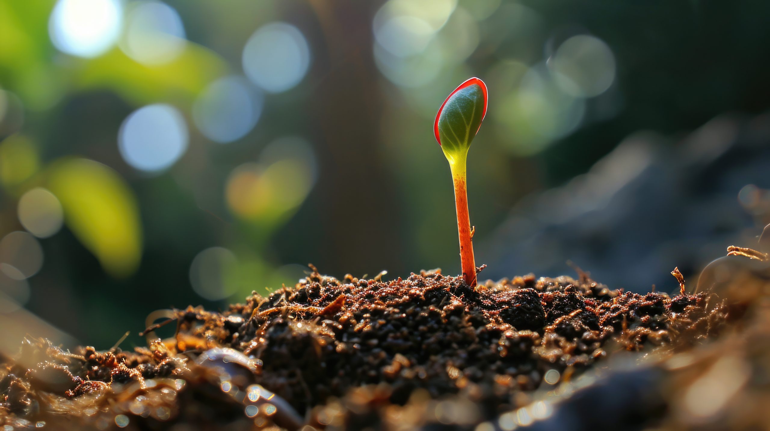Small plant is sprouting out of pile of dirt. This image can be used to represent growth, new beginnings, or concept of starting from scratch.